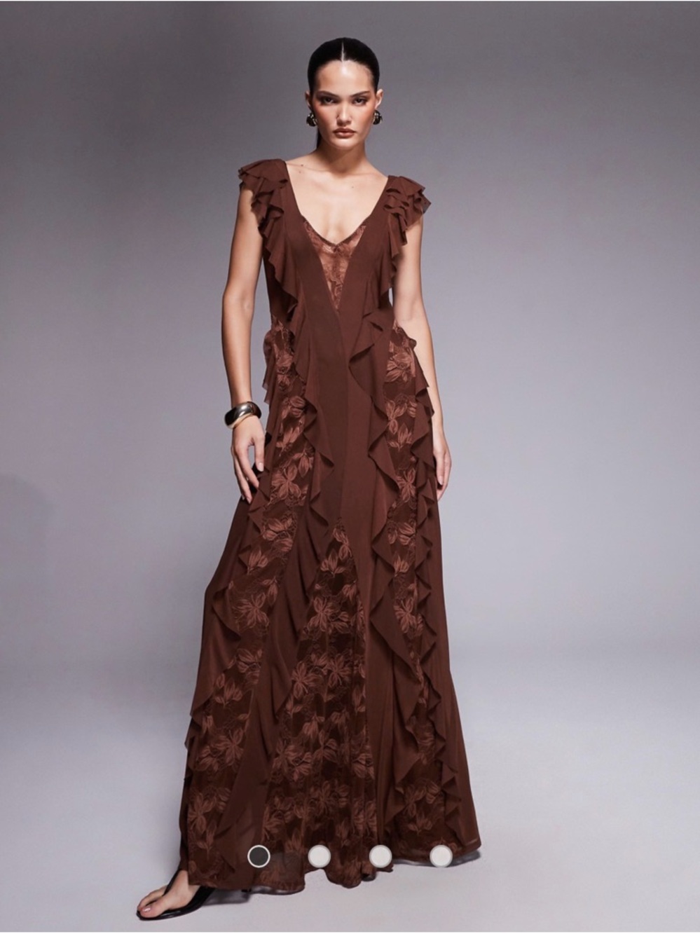 Afirm Brown Ruffled V-Neck Maxi Dress size medium orange